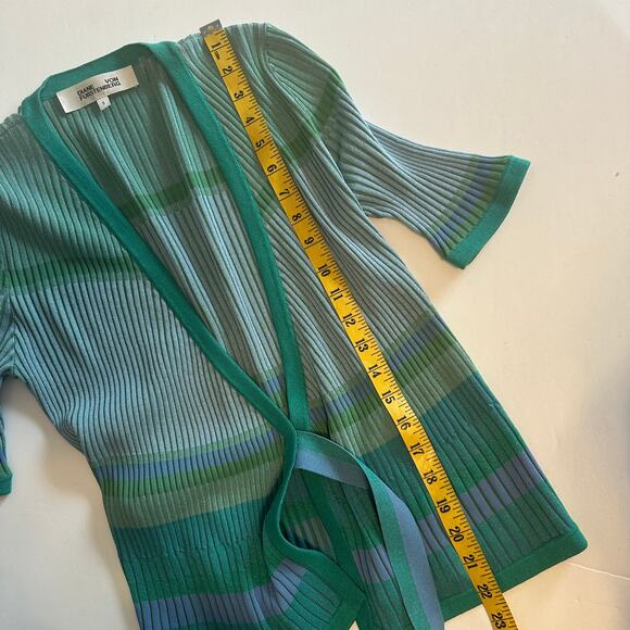 Diane von Furstenberg Lyric Wrap Sweater Womens Small Stripe Cloud Turquoise - Picture 10 of 11